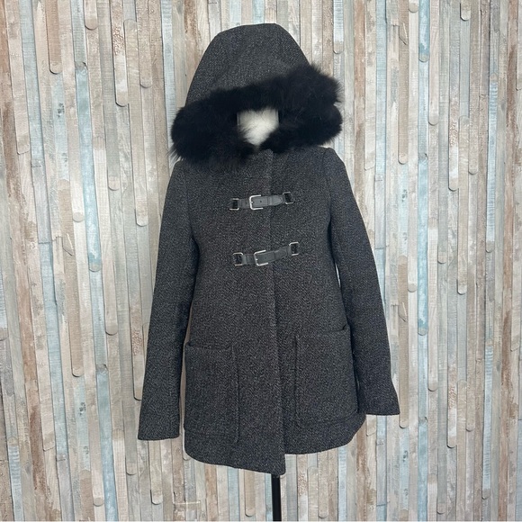 Maje 36 S Duffle Coat Wool Coyote Fur Collar Trim Jacket Black Tweed Buckle $745 - Picture 2 of 13